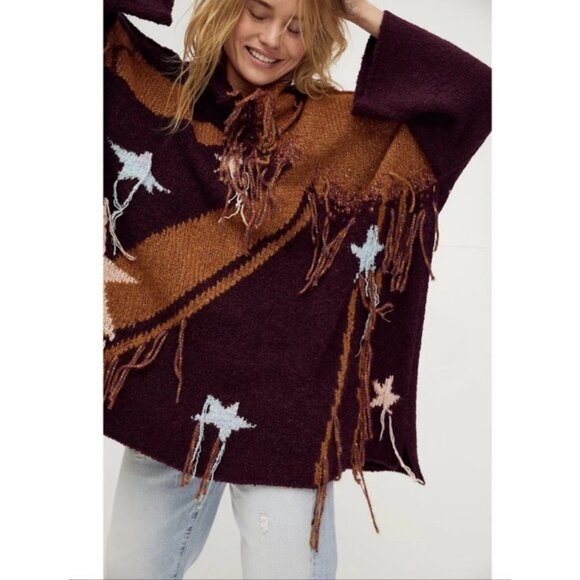 Free People Falling Star Fringe Poncho Sweater Maroon Metallic Boho Oversize M/L - Picture 1 of 12